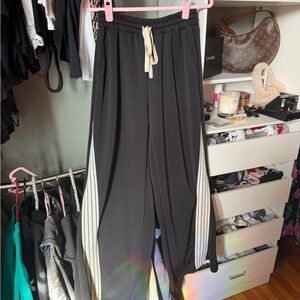 Black Wide-Leg Track Pants with Cream Drawstring